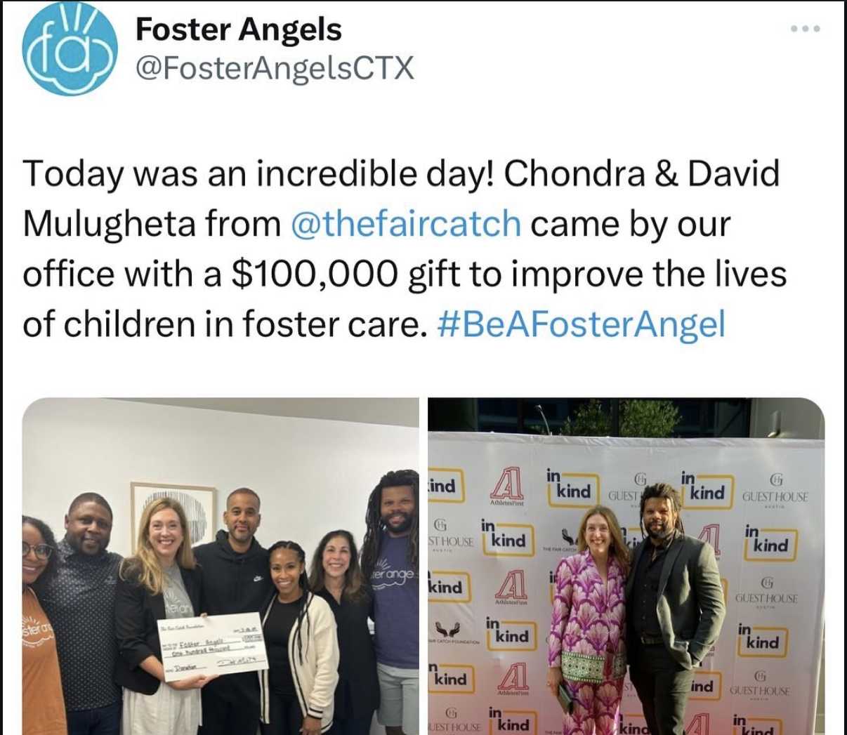 Foster Angels social post celebrating a $100,000 gift from The Fair Catch Foundation.